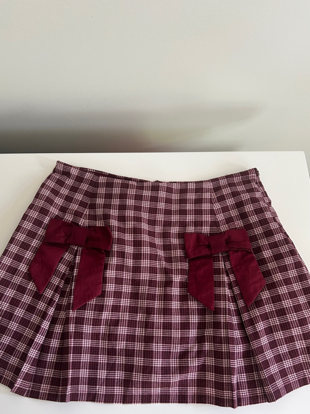 Plaid Mini Skort with Bow Accent - Burgundy